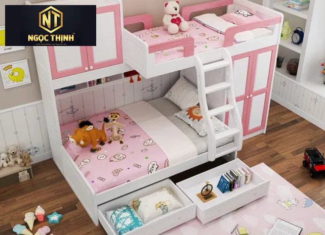 GIƯỜNG TẦNG TRẺ EM NGỌC THỊNH MÀU TRẮNG MIX CHI TIẾT VIỀN HỒNG
